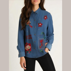 Vintage Jean Shirt • Denim Button-Up Shirt with Holiday Embroidery • Christmas